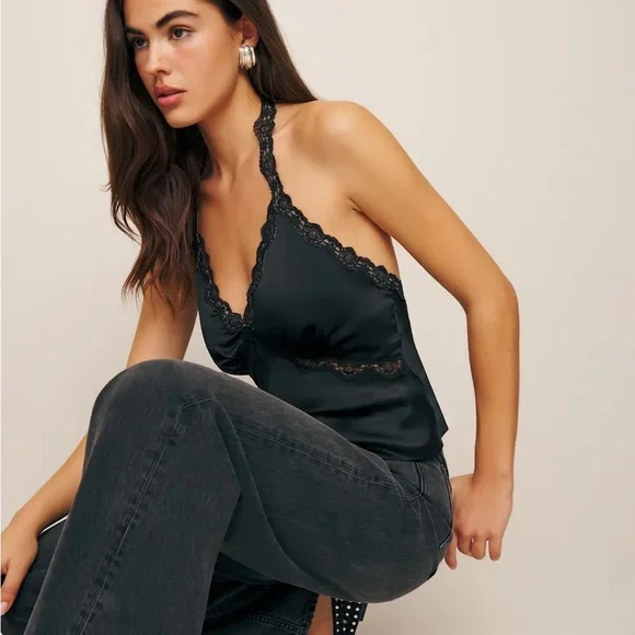 Reformation NWT Black Lace Trim Monica Silk Tank Top - Picture 4 of 11